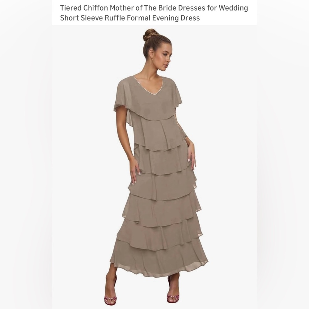 NEW Tiered Chiffon Short Sleeve Ruffle Dress-Taupe-Size 20